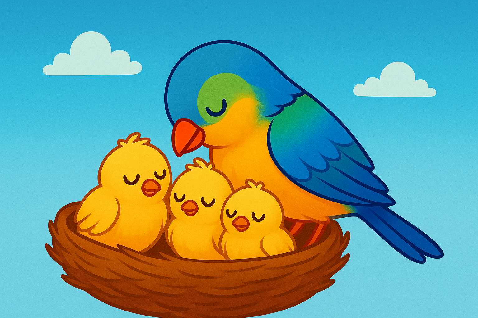 A colorful cartoon illustration of a mother bird leaning over her nest to touch heads gently with her three baby birds.