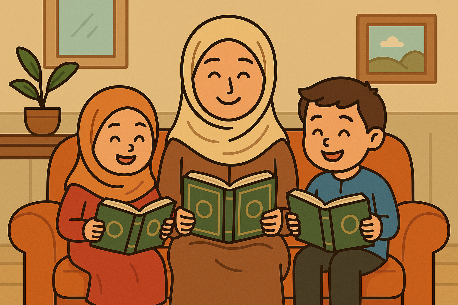 Mother and two young children reading the Quran together in a cozy living room, smiling and wearing modest Islamic clothing.