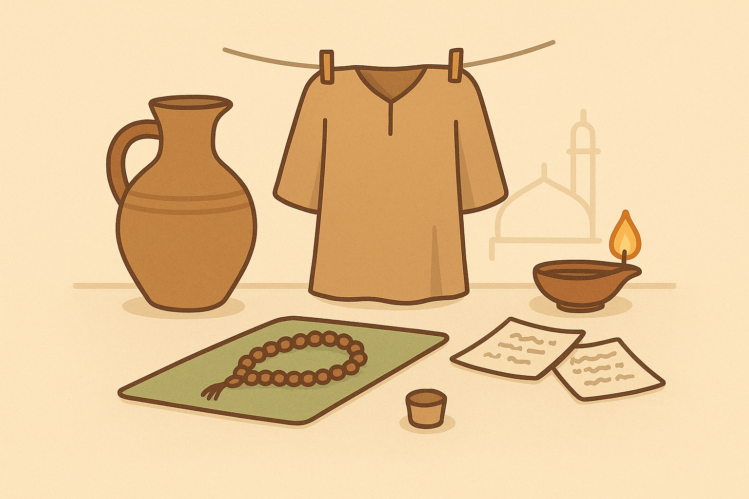 Simple Islamic items including water jug, prayer beads, oil lamp, and scripture pages arranged on a mat with natural earthy tones