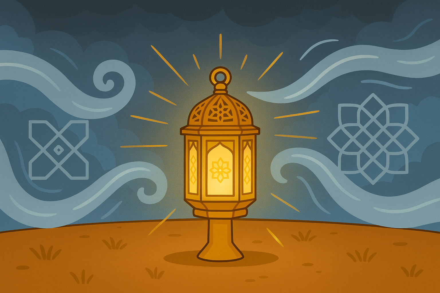 Glowing golden Islamic lantern standing firm amid swirling winds and dark clouds, symbolizing unwavering faith