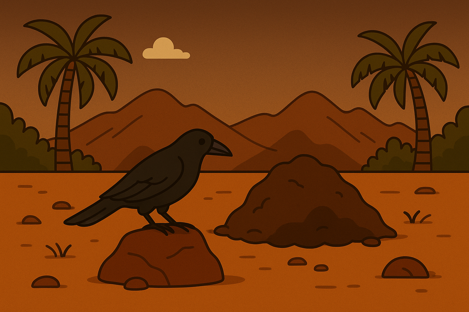 Illustration of a lone raven perched on a rock beside a fresh grave mound in a desert setting, representing the burial scene in the Quranic story of Cain and Abel.