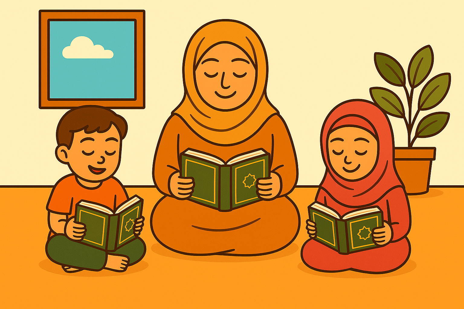 Cartoon illustration of a Muslim mother reading the Quran with her son and daughter.