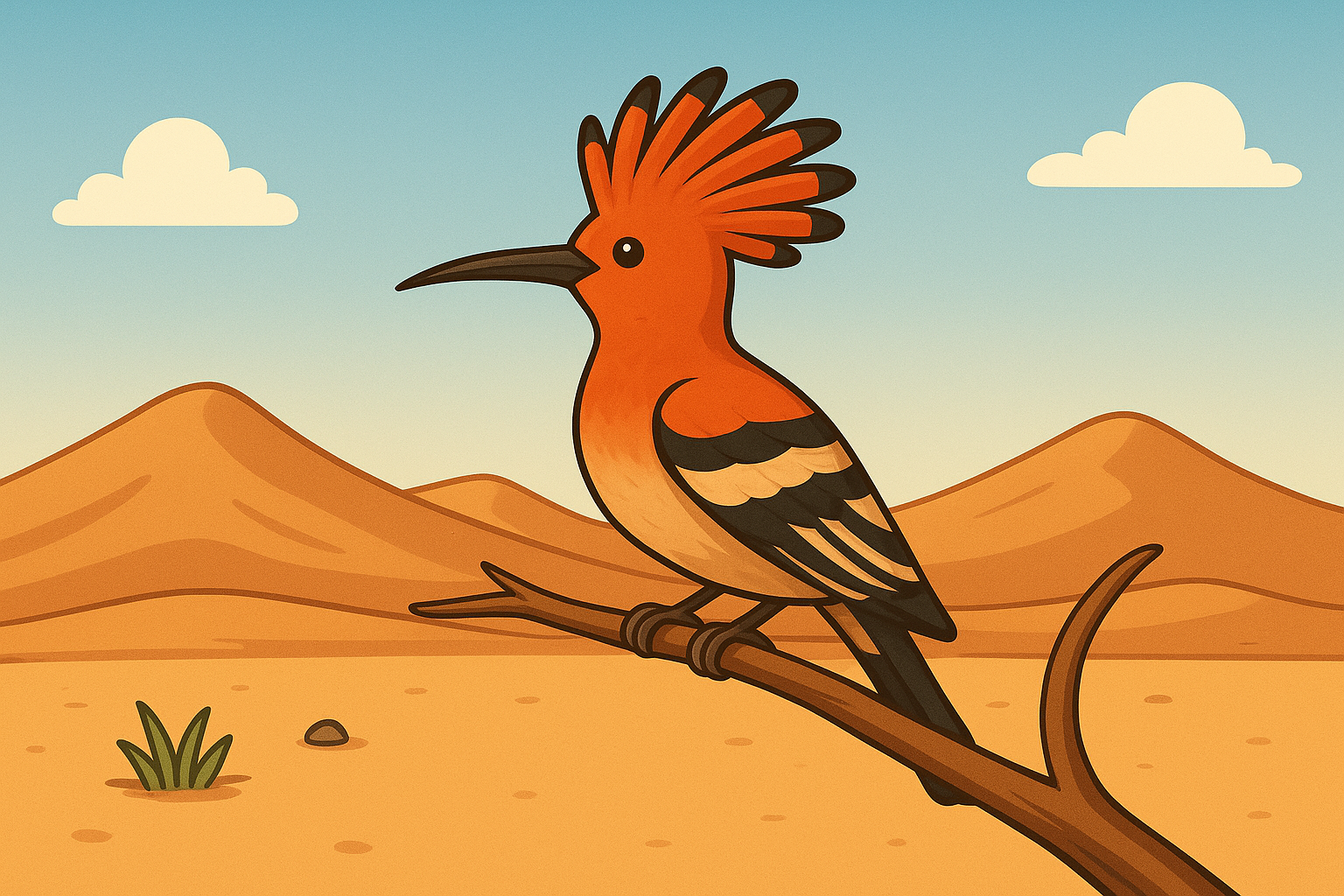 Illustration of the hoopoe bird (Hudhud) sitting on a branch in the desert, representing the bird in the Quran story of Prophet Solomon and Queen Sheba.