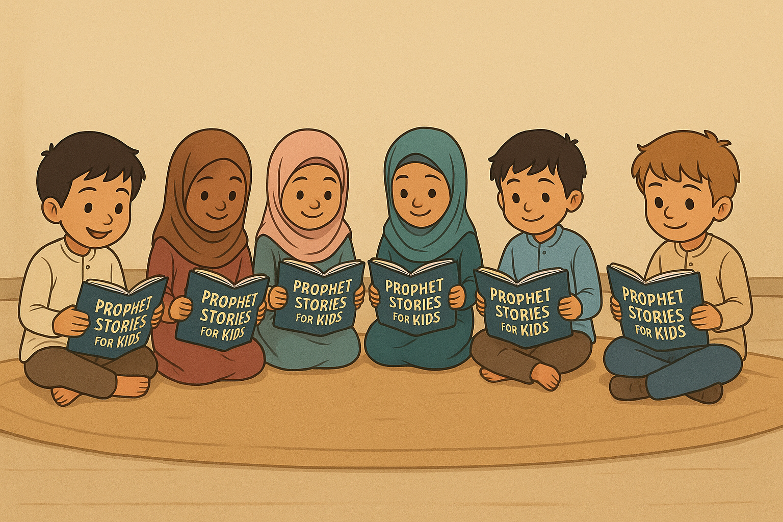An Illustration of kids sitting together and reading a book about the stories of Prophets for Kids.